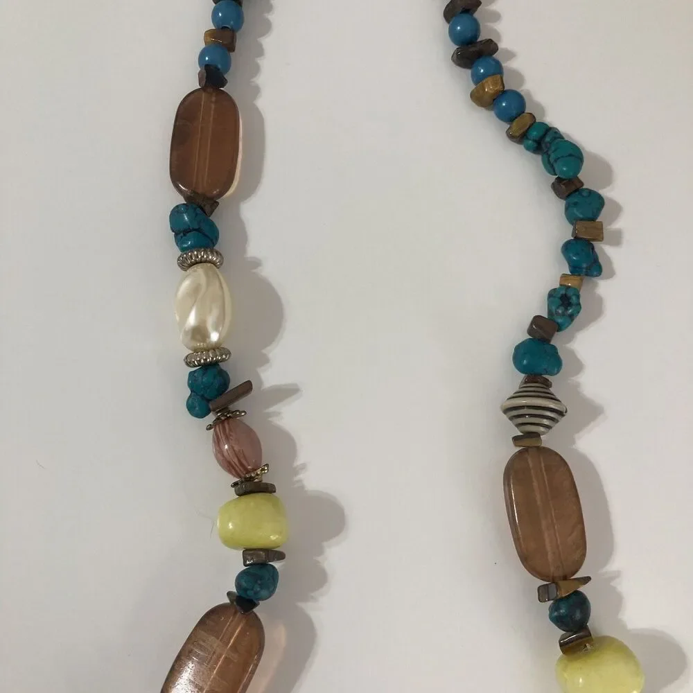 Brown Yellow Turquoise Faux Pearl Stone Gold Tone Mod Statement Beaded Necklace